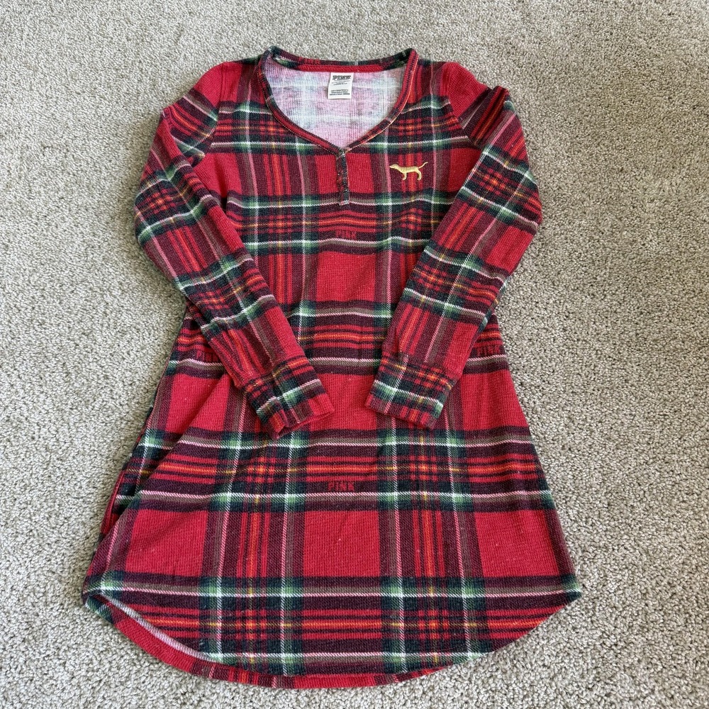 Victoria's Secret PINK Sleepshirt Womens XS Red Plaid Thermal Henley Logo